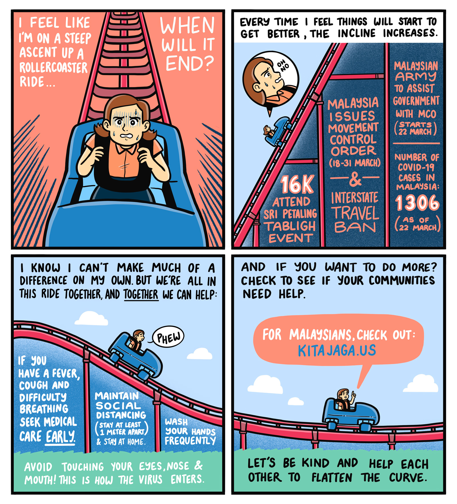 A comic about how society can help to flatten the curve of COVID-19 cases.