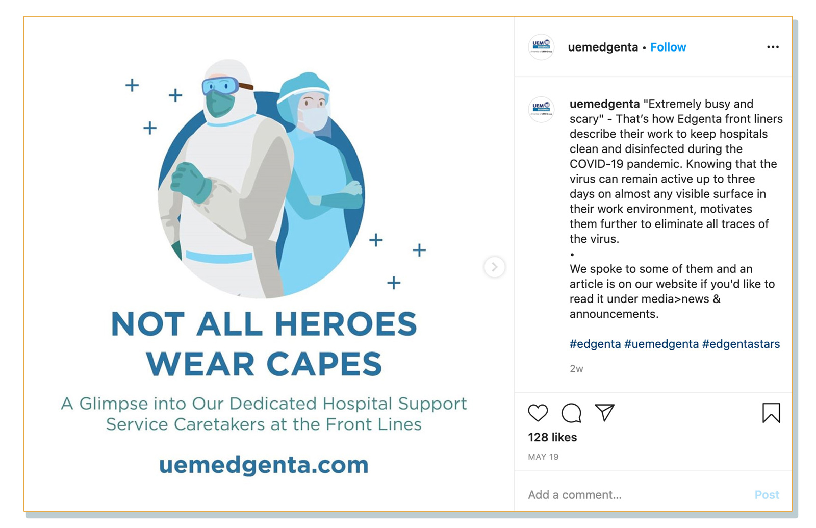A post on UEMS’ official Instagram page, where the company advertises an article on their website interviewing hospital service workers in their employ.