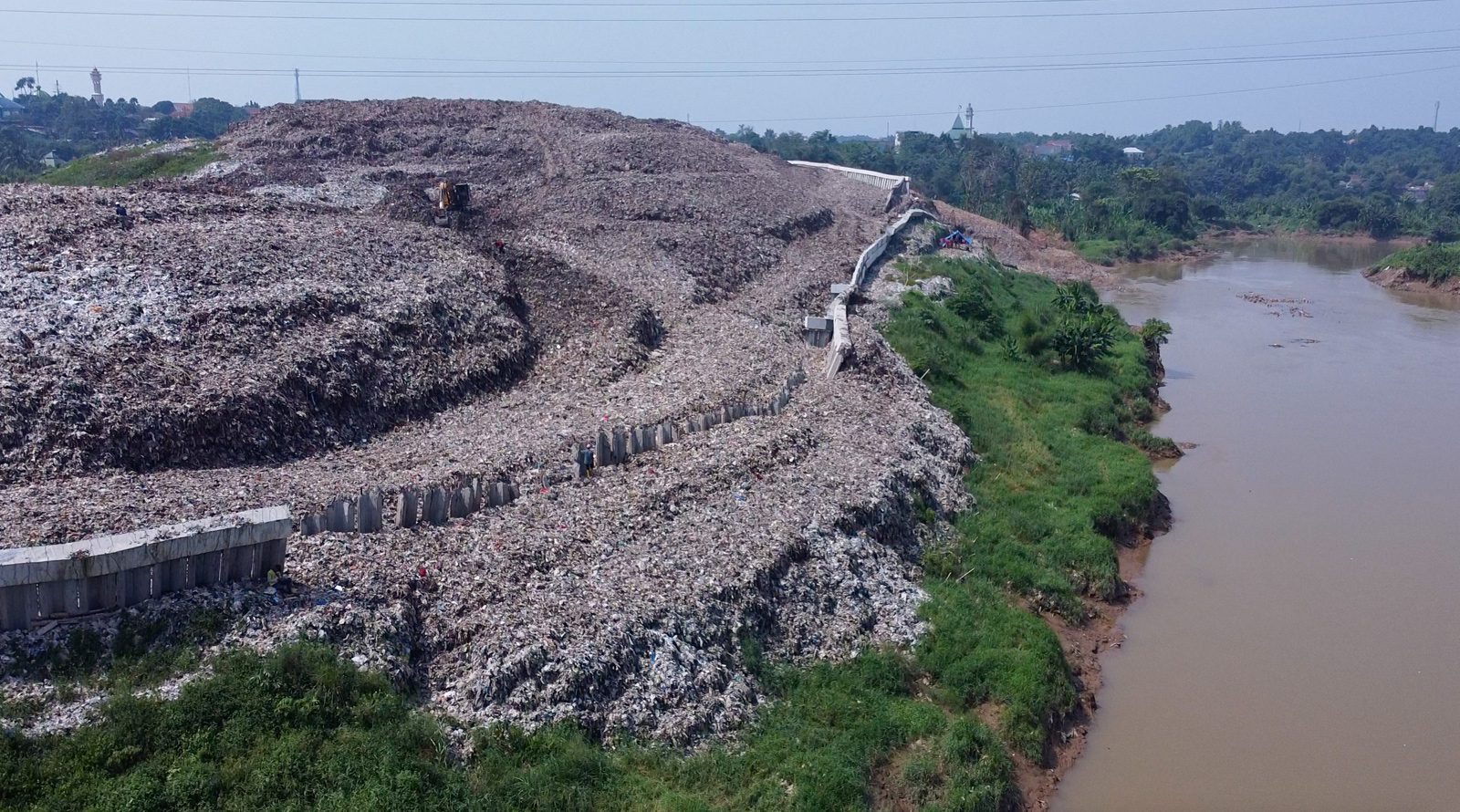 An aerial view of a waste landslide at the Cipeucang landfill in South Tangerang, Indonesia.
