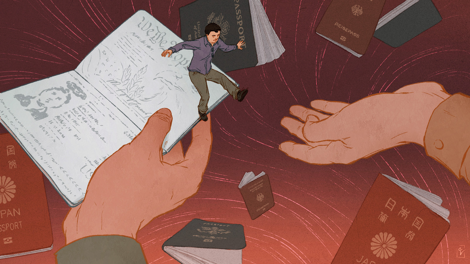 A header image showing one hand handing a passport over to another hand. A man is balancing on the passport, leaning away from the approaching hand. Other passports can be seen in the background.