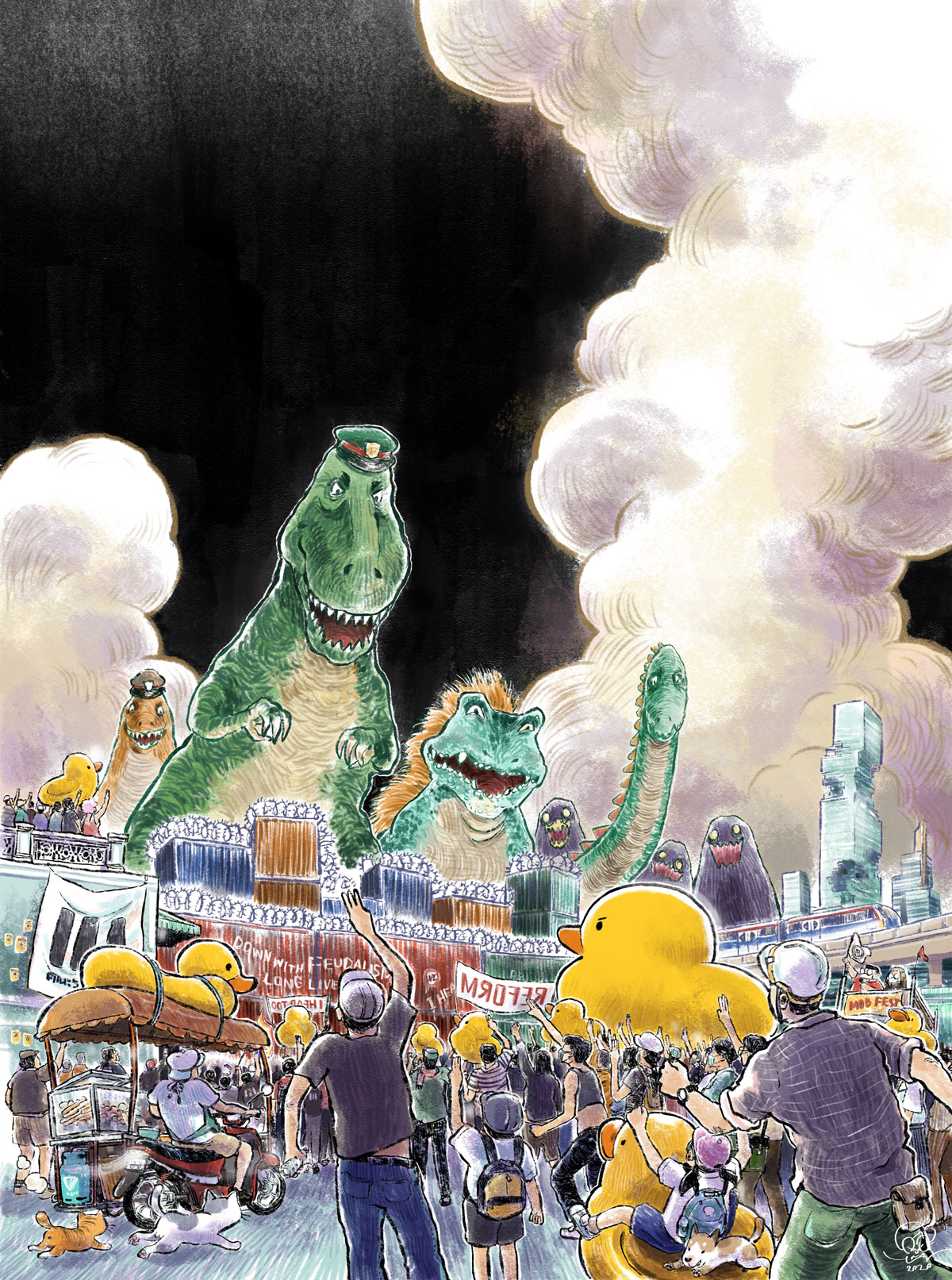 A crowd of protestors gathers outdoors, bearing giant yellow ducks. They raise three-fingered salutes against the towering dinosaurs that threaten to rampage their city.
