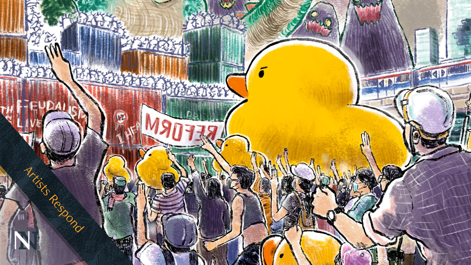 An illustration showing a crowd of protestors with giant yellow rubber ducks.