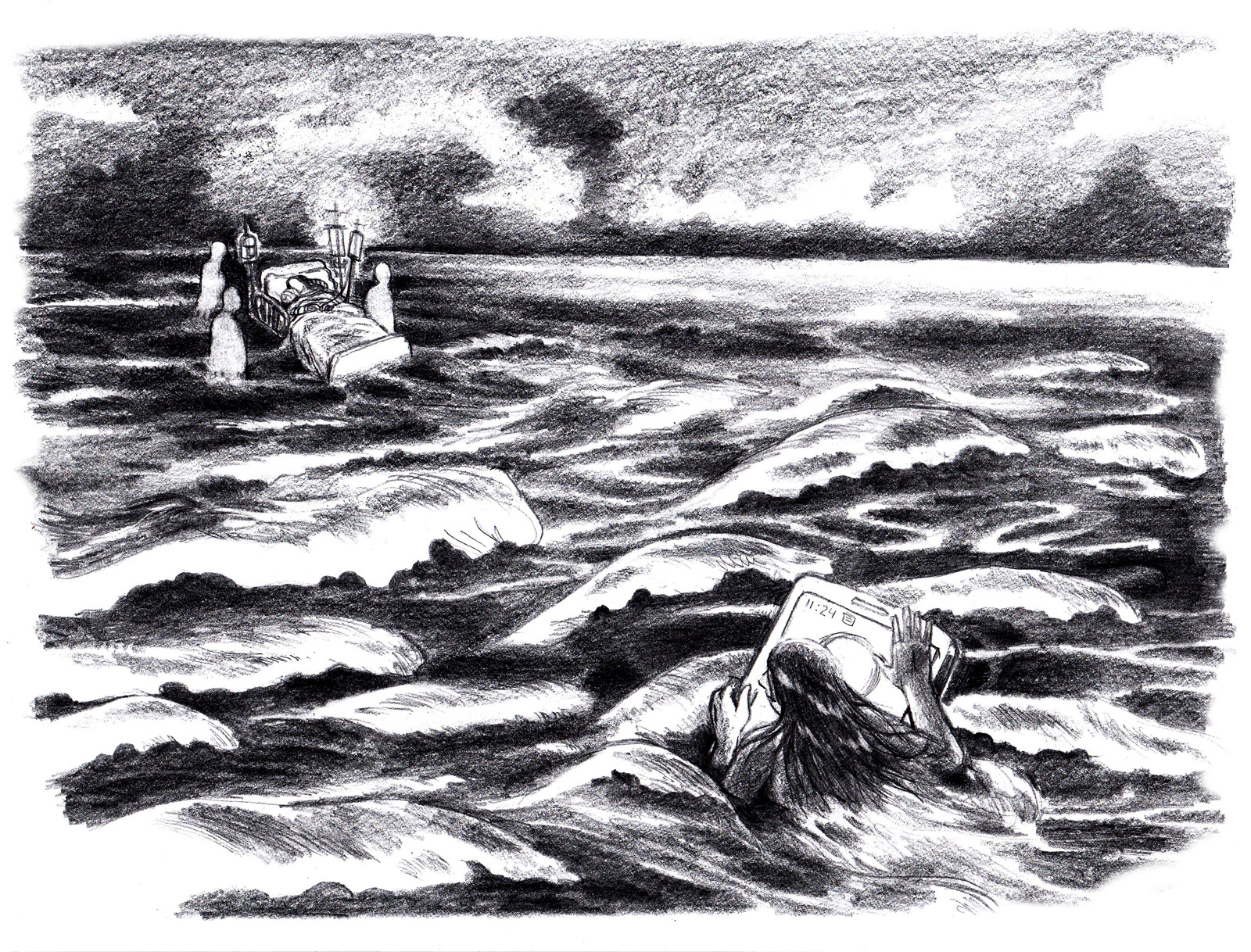 In a stormy sea, tossed by waves, a woman clings to a mobile phone to stay afloat. In the distance there is a hospital bed surrounded by nurses. Her grandmother lays on the bed. She is too far away to be reached.