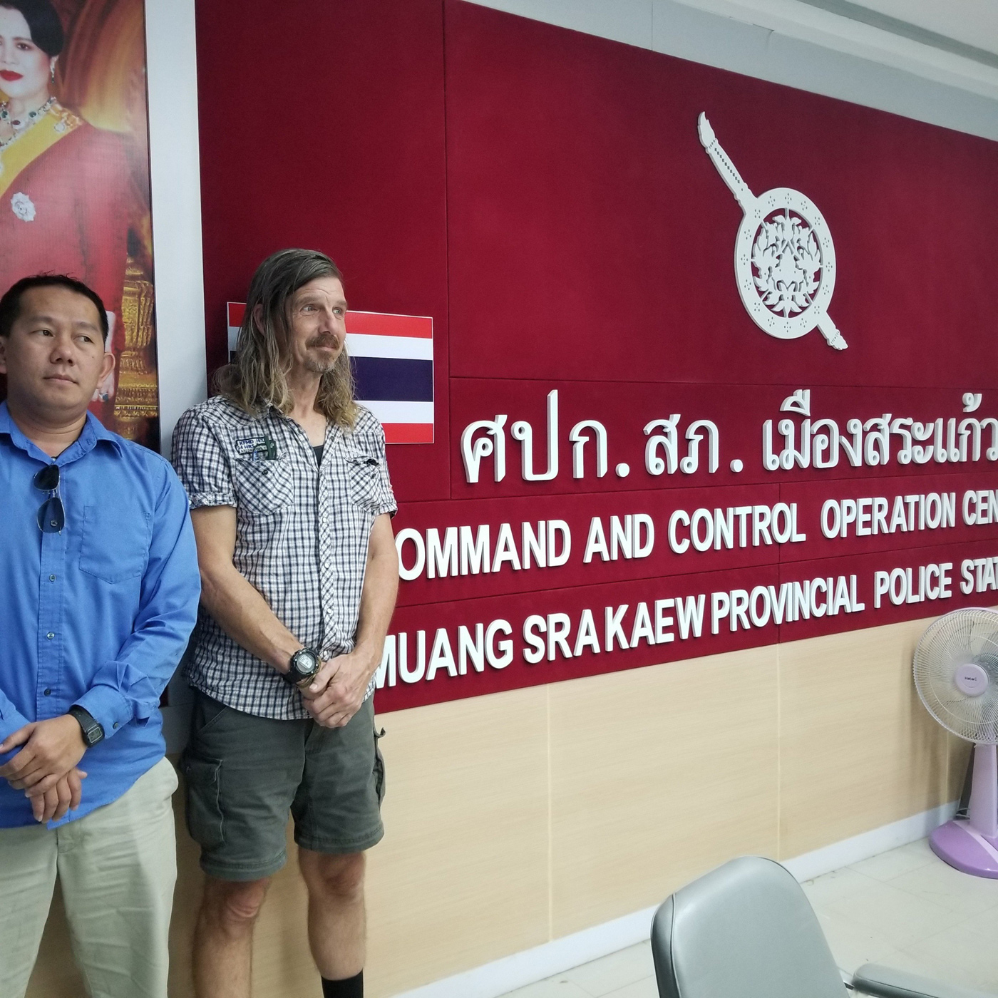 CNRP supporter Daley Uy and his friend Daniel Capka at a Thai police station in November 2019.