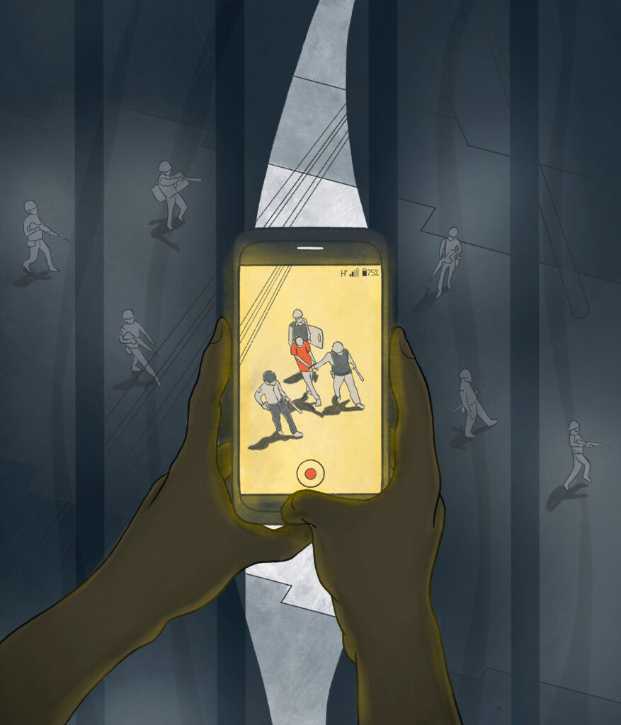 An illustration of a mobile phone being used to take video footage of soldiers arresting a protestor on the street. The person holding the phone is hiding behind drawn curtains, filming out of their window.