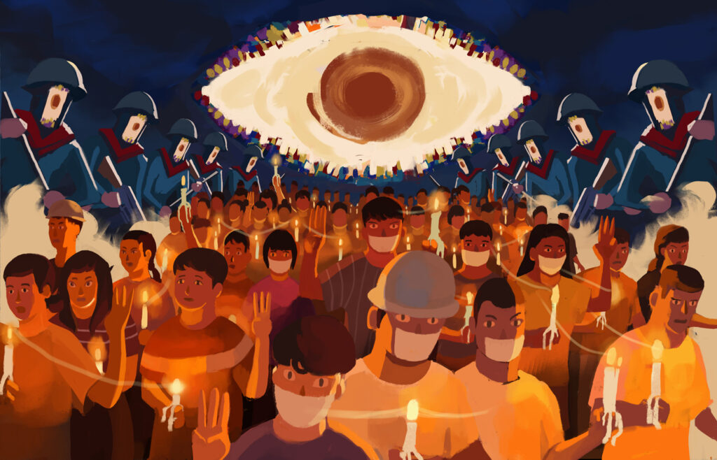 An illustration of protestors holding candles on the street. Riot police in armour surround them from the sides, and a large eye in the sky peers down on them.