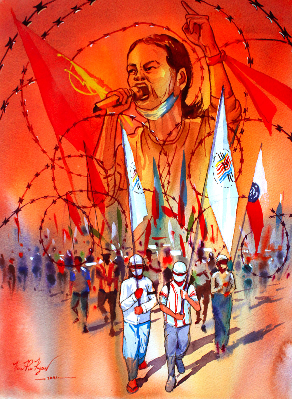 A painting of protestors marching with flags on the street. Coils of barbed wire are overlaid on them, and at the top a speaker with a microphone rallies the crowd.