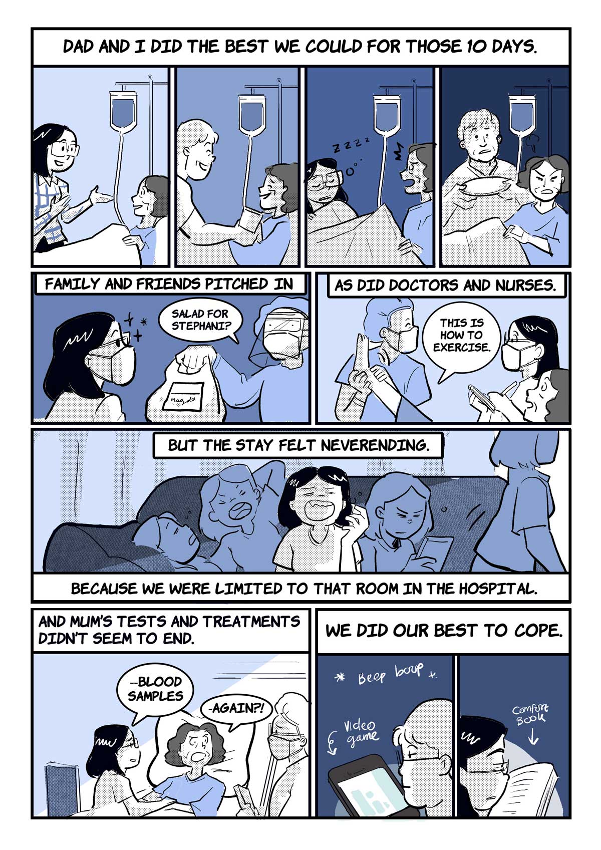 A comic page of 9 panels in black and various shades of blue and grey. The narration is provided in caption boxes.
Panels 1 to 4. Narrator: "Dad and I did the best we could for those 10 days." A montage of scenes by her mother's hospital bed: Stephani and her father take turns talking to her mother. Her father offers her a glass of water. Stephani falls asleep. Her mother refuses a plate of food.
Panel 5. Narrator: "Family and friends pitched in." A nurse in full PPE equipment holds out a bag of food, saying, "Salad for Stephani?". 
Panel 6. Narrator: "As did doctors and nurses." A doctor demonstrates how to raise her mother's leg, explaining, "This is how to exercise."
Panel 7. Narrator: "But the stay felt neverending because we were limited to that room in the hospital." Stephani is shown in different positions on the same couch - sleeping, yawning, looking at her phone, getting up.
Panel 8. Narrator: "And Ma’s tests and treatments didn’t seem to end." Stephani meekly says: "...blood samples—" to her mother, who snaps, "Again?!". A nurse waits by the bedside to take the samples.
Panel 9. Narrator: "We did our best to cope." Stephani's father occupies himself with a video game. Stephani reads a comfort book.