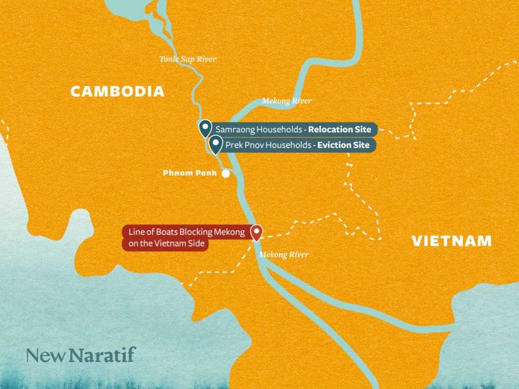 Map of Cambodia-Vietnam border showing locations of evicted fishers' boats and boat blockade preventing their entry into Vietnam