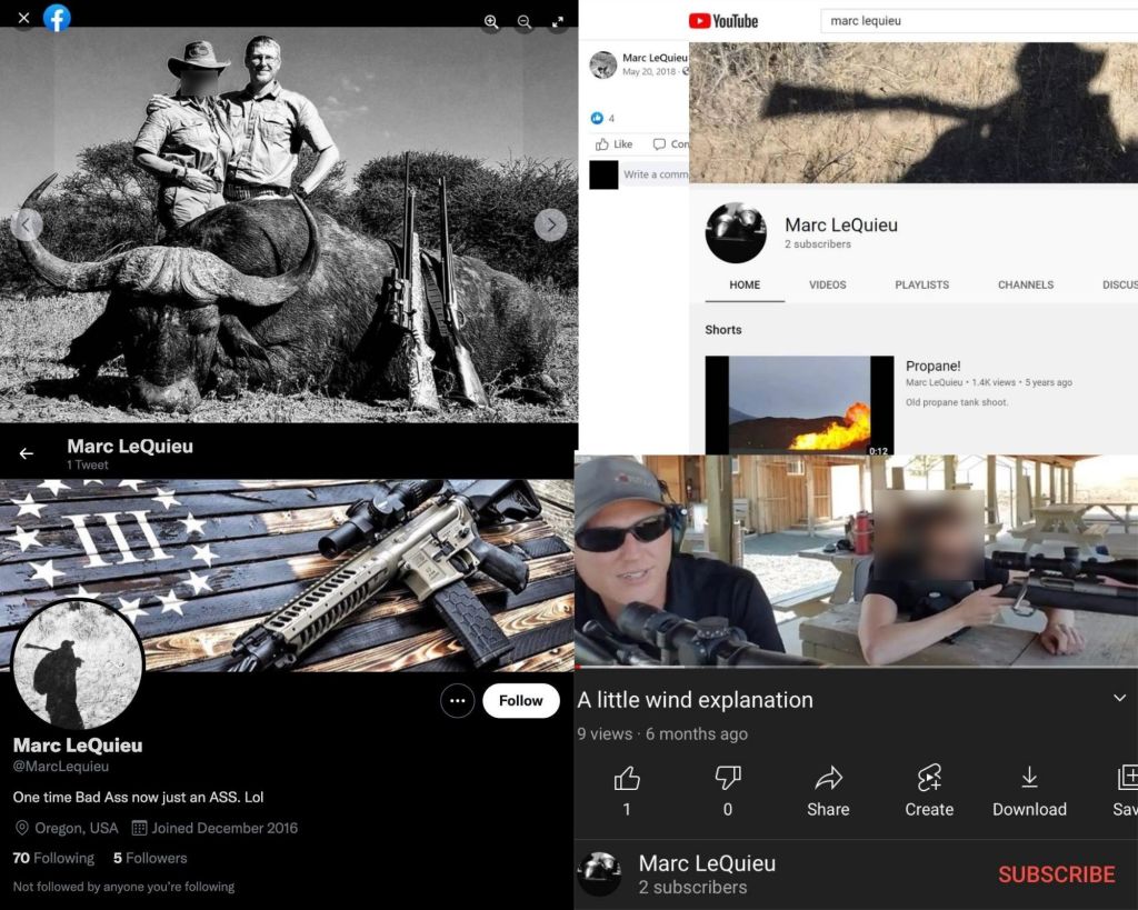 Screenshots of social media pages that appear in search results for the name "Marc LeQuieu".