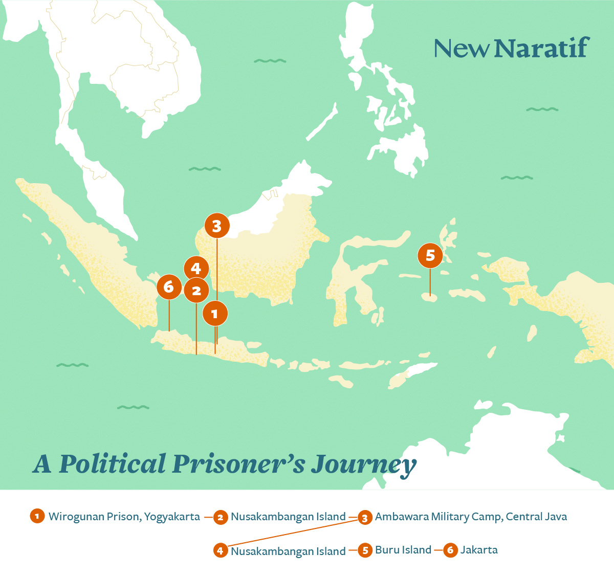 Map of Indonesia showing four places where Tedjabayu was imprisoned and Jakarta