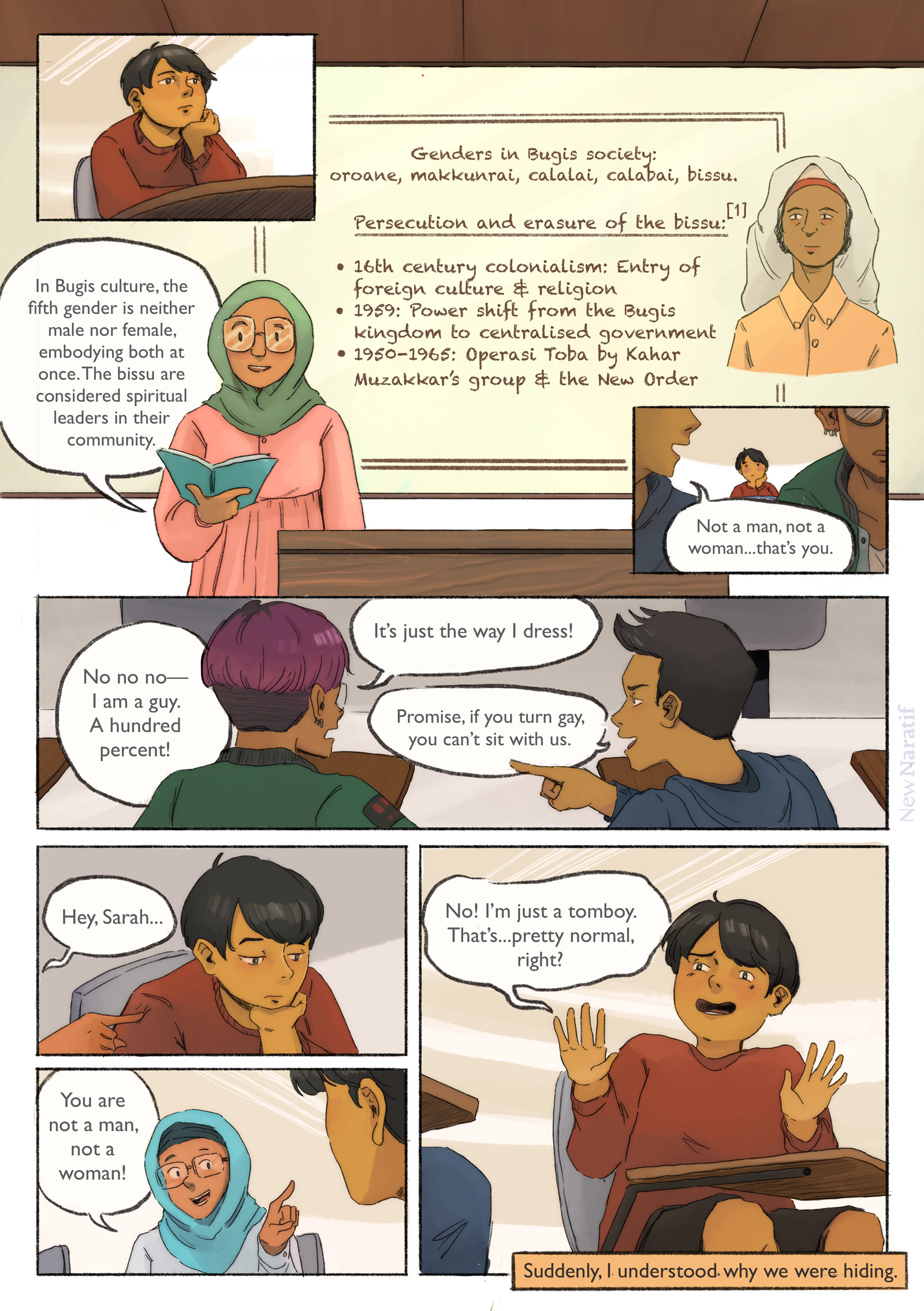 Page 3.
A comic page of 7 panels in black lines and full colour. The narration is provided in caption boxes.
Panel 1. The main character leans forward on his desk in a classroom.
Panel 2. A lecturer who wears a green hijab and pink blouse is standing in front of a whiteboard with a drawing of a bissu person. They say: In Bugis culture, the fifth gender is neither male nor female, embodying both at once. The bissu are considered spiritual leaders in their community. On the whiteboard are the notes: Genders in Bugis society: oroane, makkunrai, calalai, calabai, bissu. Persecution and erasure of the bissu:
- 16th century colonialism: entry of foreign culture & religion
- 1959: power shift from the Bugis kingdom to centralised government
- 1950-1965: Operasi Toba by Kahar Muzakkar’s group & the New Order
Panel 3. Two students are sitting in front of the main character. One of them whispers to the other: Not a man, not a woman...that’s you.
Panel 4. The one who spoke is masculine-presenting, wearing a blue hoodie. His friend, a feminine guy with buzz-cut hair, red nail polish and lots of earrings, is flustered and replies: No no no—I am a guy. A hundred percent! It’s just the way I dress! The student in the hoodie responds: Promise, if you turn gay, you can’t sit with us.
Panel 5. A girl beside the main character pokes his shoulder, saying: Hey, Sarah...
Panel 6. She points at him and giggles teasingly: you are not a man, not a woman!
Panel 7. The main character throws up his hands in panic, hurriedly replying: No! I’m just a tomboy. That’s...pretty normal, right? Narrator: Suddenly, I understood why we were hiding.