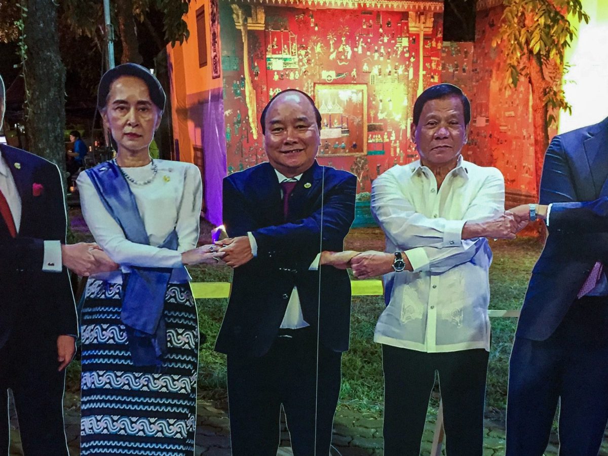 Cutout figures of Asean leaders with crossed arms shaking hands in a Bangkok park in 2018. Figures include, from left to right, Malaysia’s Mahathir Mohamad, Myanmar’s Aung San Suu Kyi, Vietnam’s Nguyen Xuan Phuc, the Philippines’ Rodrigo Duterte and Singapore’s Lee Hsien Loong.