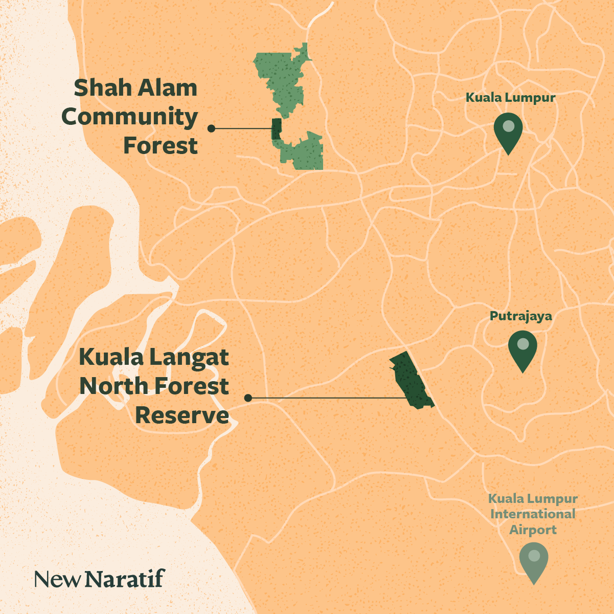 Map showing Sham Alam Community Forest and Kuala Langat North Forest Reserve, in relation to Kuala Lumpur, Putrajaya and Kuala Lumpur International Airport