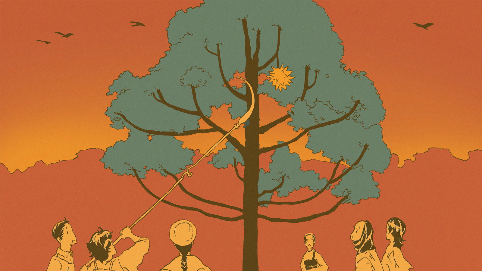 A tree with green leaves bears a single golden durian high up in its branches. It stands in the middle of the picture. Below it are various individuals dressed in Southeast Asian clothing, gathered around the tree. One of them tries to use a long pole to harvest the single durian.