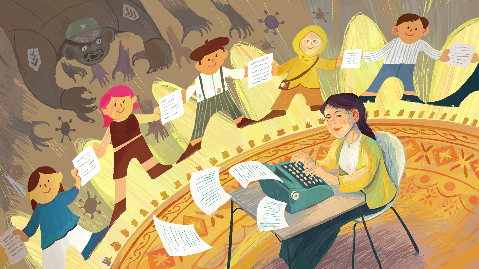 A woman with long dark brown hair in a yellow cardigan, white shirt, and dark green skirt types away at a typewriter. Around her, other media workers form a ring of protection. Outside the ring, demon-like figures reach out towards the media workers.