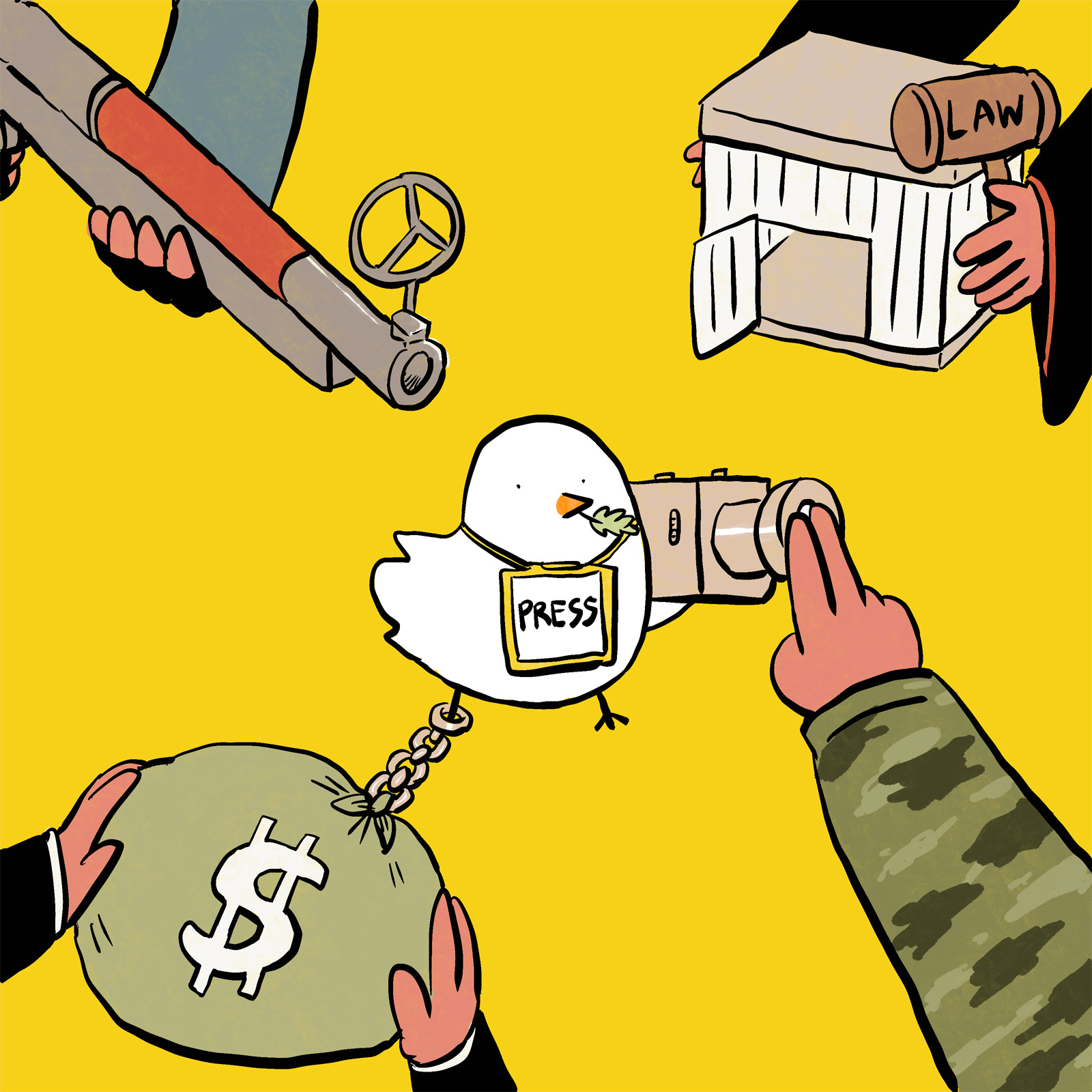A white bird with a leaf in its mouth stands in the middle of a yellow background, wearing a press tag around its neck. It holds up a video camera. Four hands extend from the four corners of the image towards it. One hand points a rifle at the bird; the shape of the viewfinder on the rifle is similar to that of the peace symbol. Another hand holds a birdcage and a gavel with the word ‘Law’ written on it. A third hand holds a bag of money, which is chained to the bird’s leg like a weight. The fourth hand, belonging to a person wearing army camouflage patterns, covers the lens of the bird’s video camera.