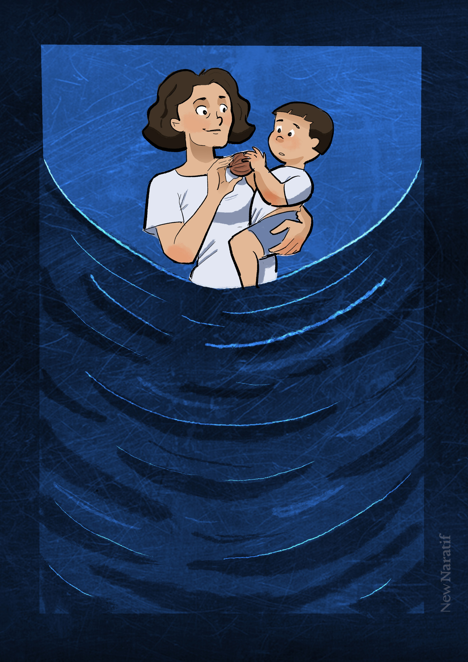 Page 7. A comic page of one panel in full colour. Mother gives a walnut seed to baby Stephani. The rest of the page is filled with ripple lines, radiating out from this image.