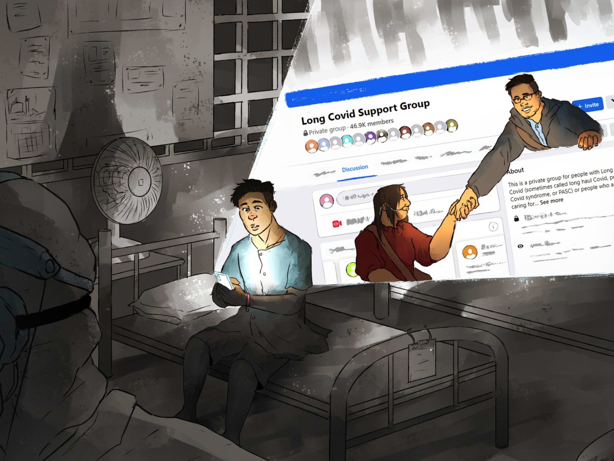 A digital hand-drawn illustration showing a man sitting on a hospital cot in a quarantine centre. He wears a hospital gown and holds a mobile phone in his hands. A large beam of light shines from the phone, illuminating his torso and spreading out behind him to show a stylised screenshot of a Facebook support group for COVID long-haulers. In the beam of light, two other people emerge; a woman in a long-sleeved dark red shirt with a nasal oxygen tube connected to an unseen oxygen tank, and a man in glasses, a grey hoodie and a light blue shirt. The man reaches out to grasp the woman’s hand. The rest of the quarantine centre not illuminated by the light beam is depicted in shades of grey.
