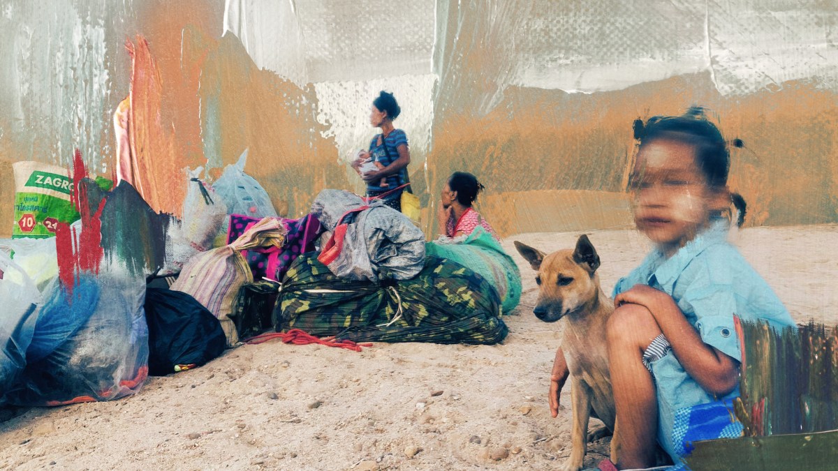 Photo collage of an image supplied by SNK of a young girl and a dog sitting next the Moei River along the Myanmar-Thailand border on 26 December 2021. Behind them are a pile of multicoloured sacks of supplies and two women, one seated, and one standing and holding a baby. The image is stylised with a photo of paint texture by Steve Johnson on Unsplash. Charis Loke