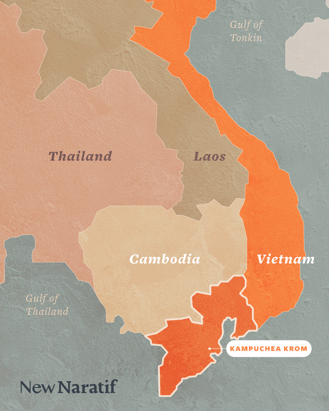 Map of Cambodia, Vietnam, Thailand and Laos showing the historical borders of Kampuchea Krom in modern day southern Vietnam