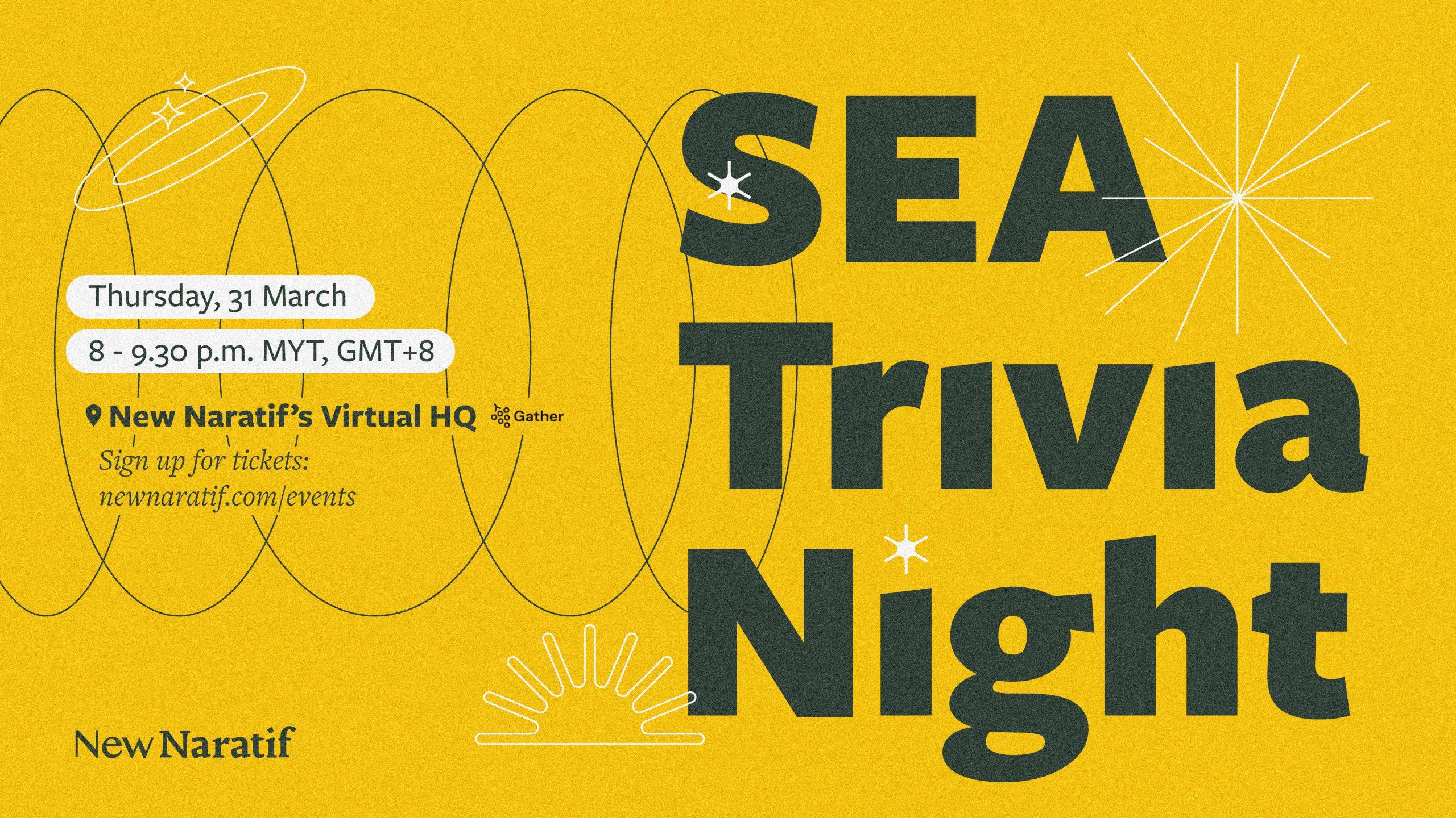 A banner for SEA Trivia Night. The background is yellow. It has the following details New Naratif’s SEA Trivia Night Thursday, 31 March 8 - 9.30 p.m. MYT, GMT+8 New Naratif’s Virtual HQ Sign up for tickets here: newnaratif.com/events