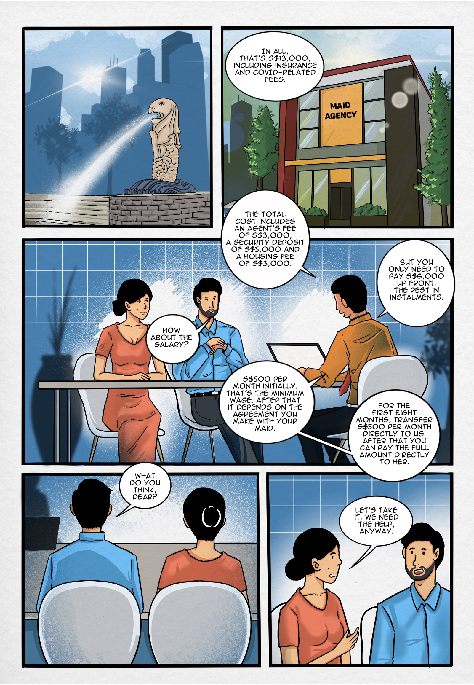 Page 6.
Panel 1. Moving to Singapore.

Panel 2. A pair of potential employers are talking to a Singaporean agent. Singaporean Agent: “In all, that’s S$13,000, including insurance and COVID-related fees.”

Panel 3. A detailed explanation of the cost to hire a domestic worker from Indonesia by the Singaporean agent. Singaporean Agent: “The total cost includes an agent’s fee of S$3,000, a security deposit of S$5,000 and a housing fee of S$3,000. But you only need to pay S$6,000 up front. The rest in instalments.” Male Employer: “How about the salary?” Singaporean Agent: “S$500 per month initially. That’s the minimum wage. After that it depends on the agreement you make with your maid. For the first eight months, transfer S$500 per month directly to us. After that you can pay the full amount directly to her.”

Panel 4. A discussion between the pair of employers. Male Employer: “What do you think, dear?”

Panel 5. Female Employer: “Let’s take it. We need the help, anyway.”
