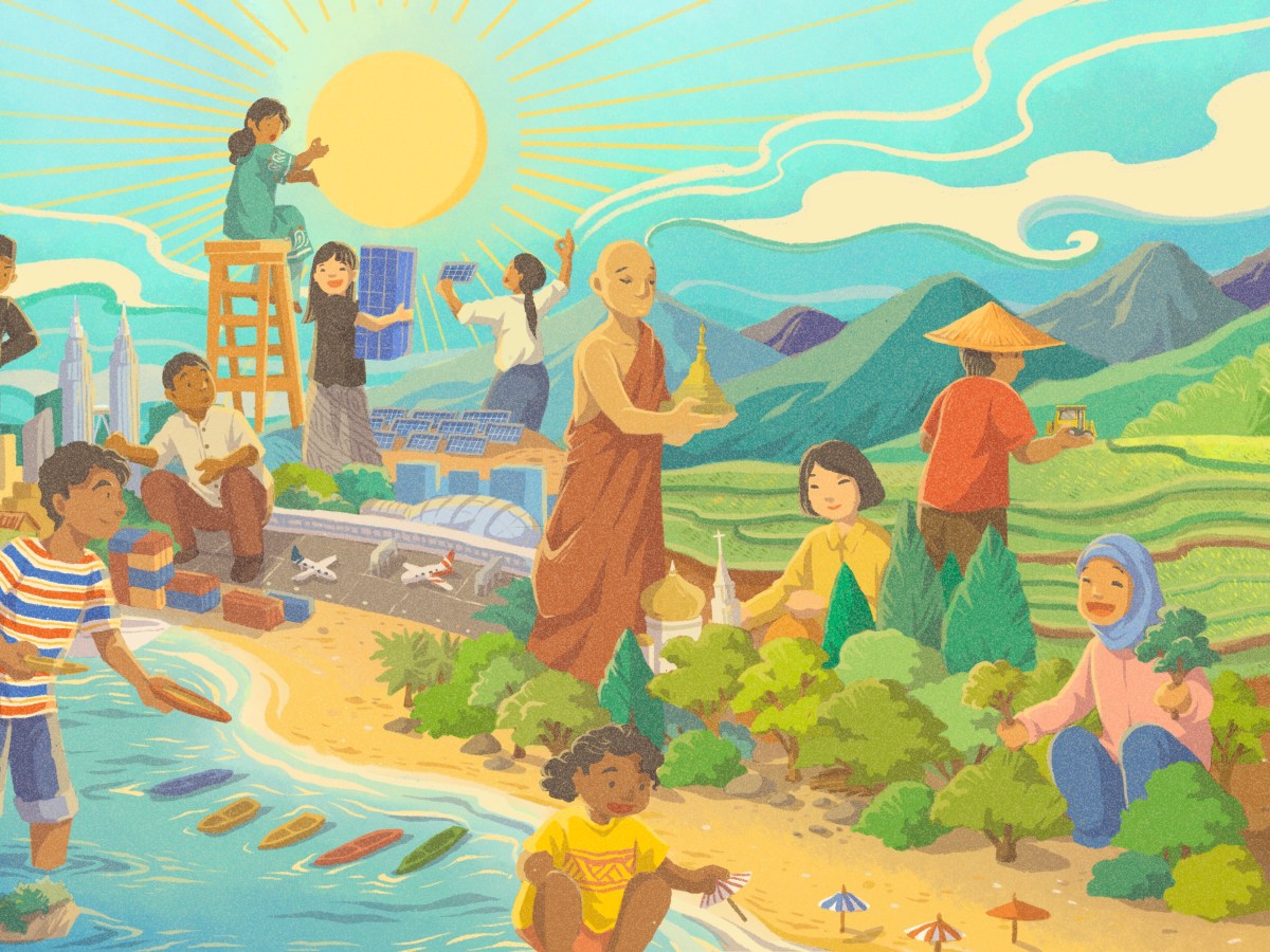 A group of Southeast Asians working on a miniature Southeast Asian landscape. You can see twelve people of different genders and ethnicities, wearing diverse outfits from different religious groups. You can see landscapes from mountains, a forest, a rice field, a beach, boats in oceans, planes in an airport, and skyscrapers in a city.