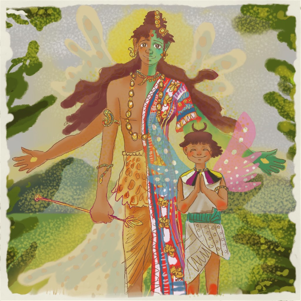 A picture of the Hindu deity Ardhanarishvara standing beside a child. The child is wearing nonbinary colours.