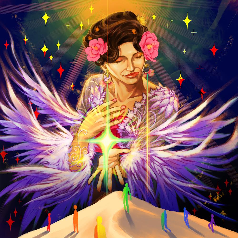 A picture of the late Dorce Gamalama as an angelic figure with various light effects. Below, various humanoid shadows in shades of rainbow are visible.