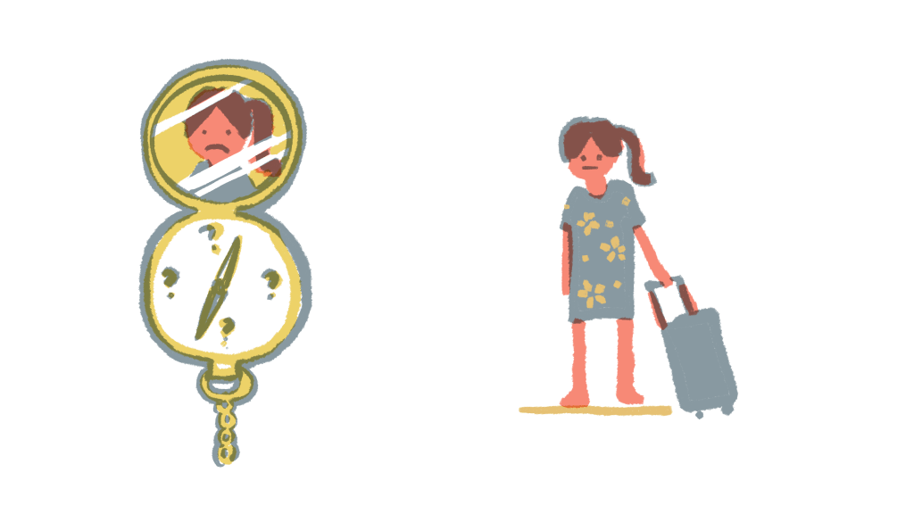 A cartoon of a compass with question marks and a woman with a suitcase standing looking confused.