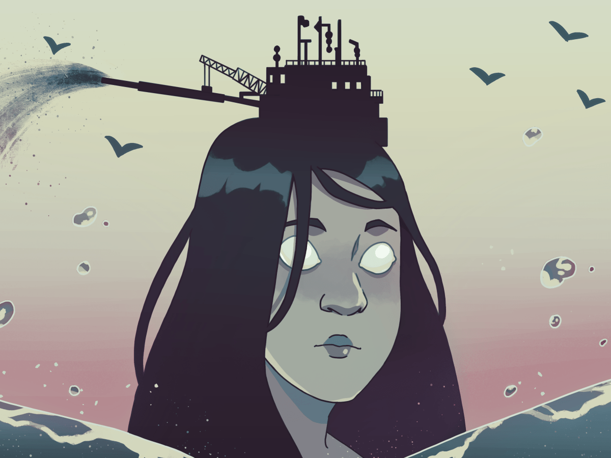 A monstrous feminine figure emerges from the ocean. A large ship sits on top of her head.