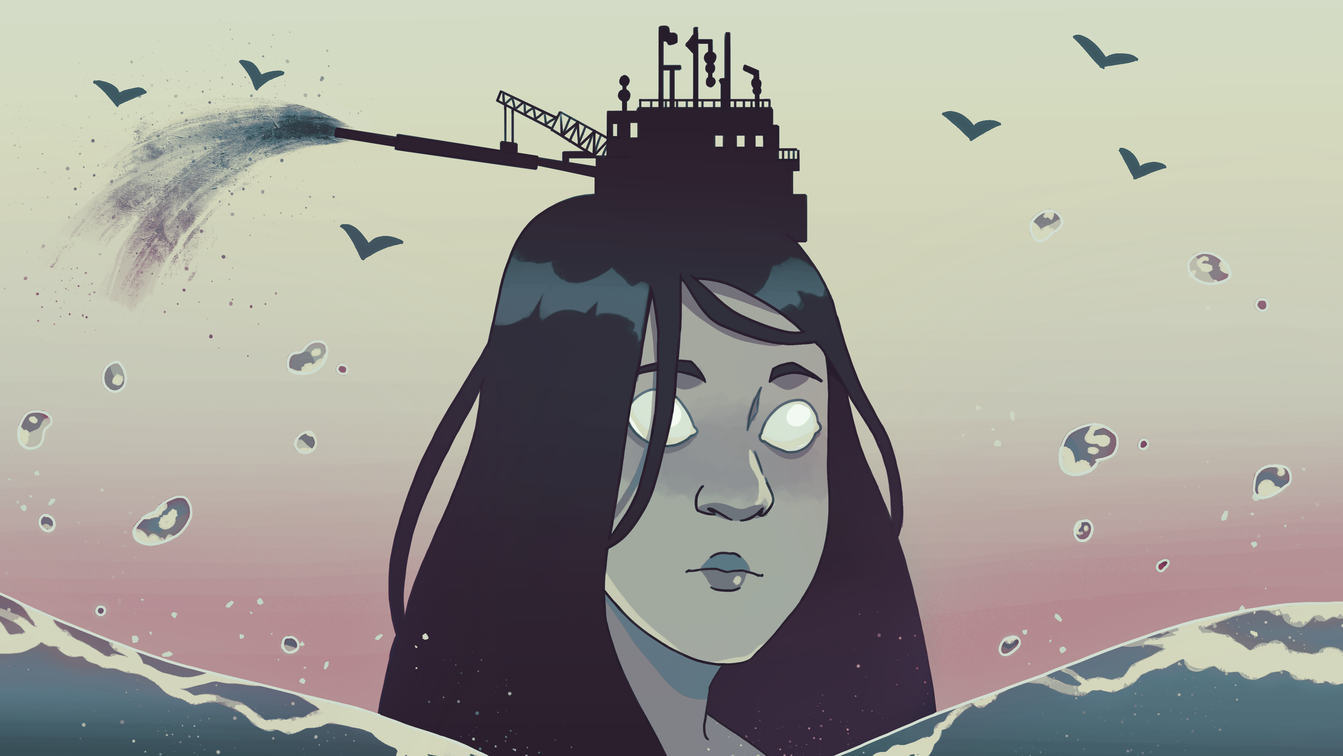A monstrous feminine figure emerges from the ocean. A large ship sits on top of her head.
