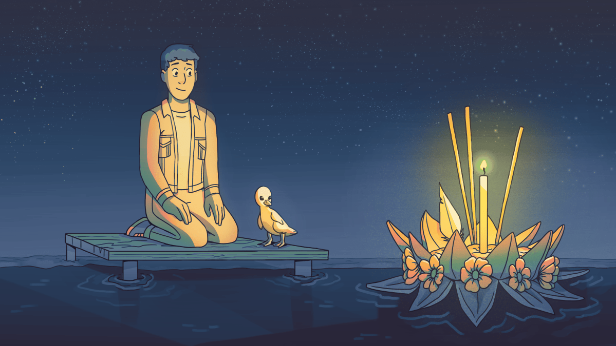 A duck and a human watch a krathong in the river.