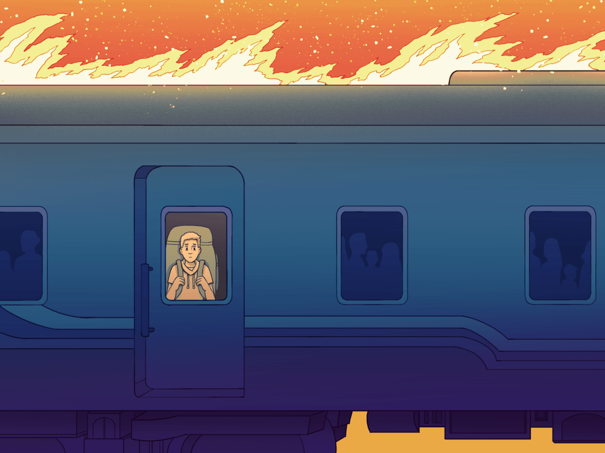 A person in visible in a train window. Flames engulf the environment behind them.