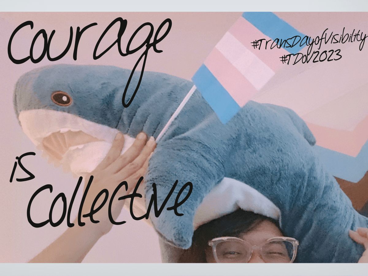 A photo of a blahaj Ikea shark plushie (the trans mascot) and a trans pride flag being held up high by Bonnibel Rambatan, who is only slightly visible. A progress pride flag can be seen in the background. The image is stylised in polaroid and has the text "Courage is Collective" and the hashtags for Transgender Day of Visibility 2023.