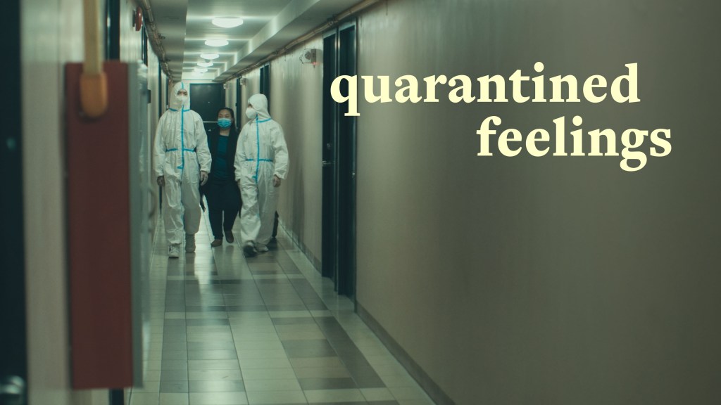 Still image from the short film "Quarantined Feelings" showing two health workers in hazmat.