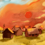 An illustration of a Burmese village in sunset.