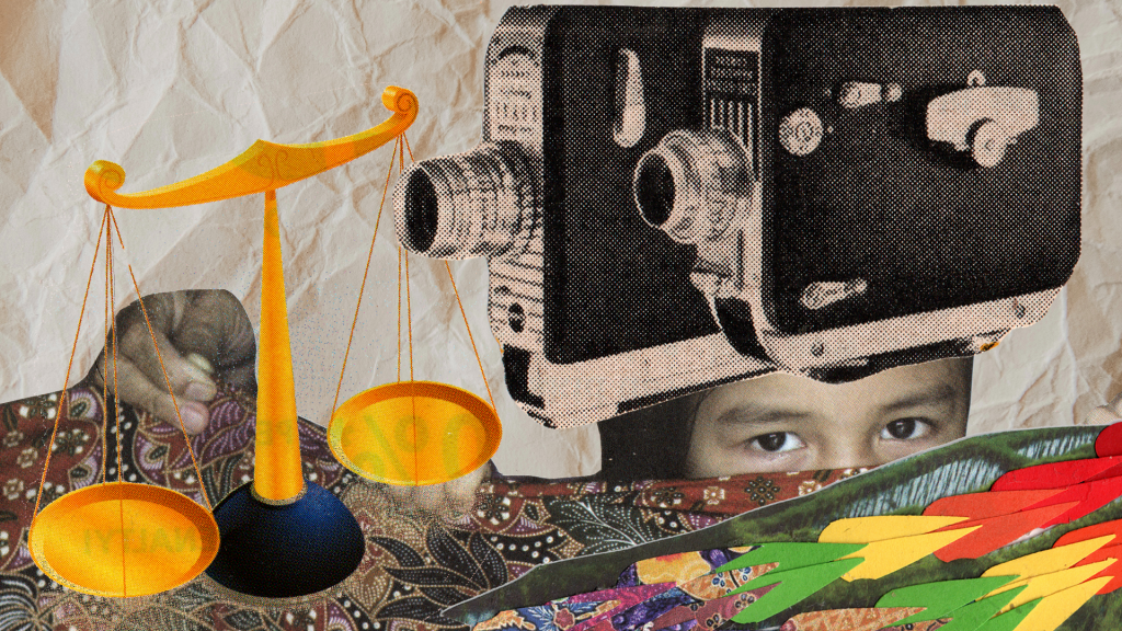 A collage art of a child hiding behind images of cameras, justice scales, and rainbow colours.