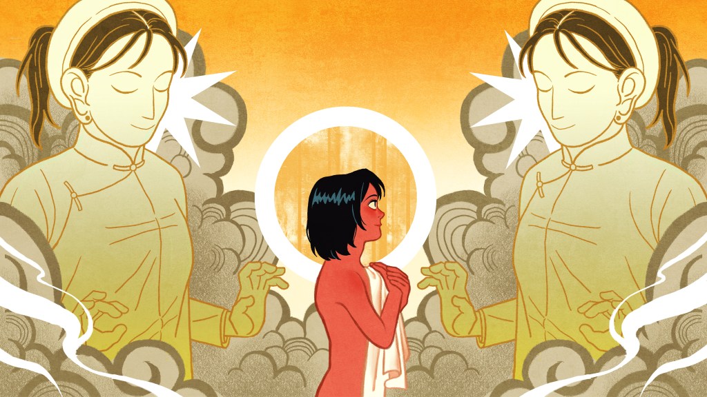 An illustration of a gender-ambiguous queer character starting to accept themself before two feminine goddesses, who provide a safe space for Vietnamese queer spirits.
